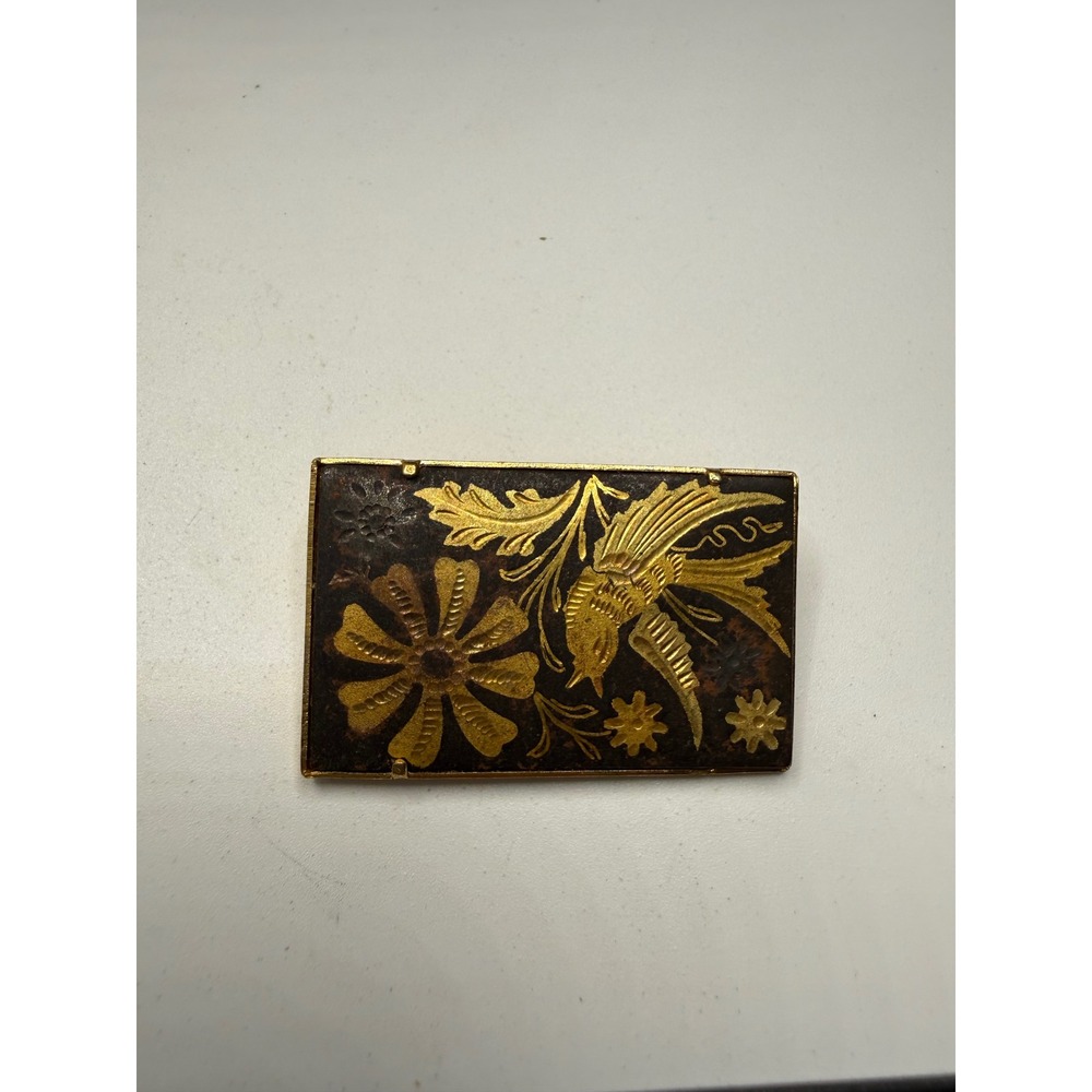 Vintage Damascene Rectangular Brooch Bird and Flower Gold Tone Inlay Pin